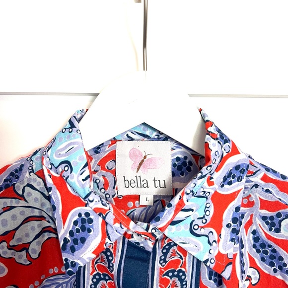 Bella Tu Red and Blue Print Cotton Shirt Dress, size L. - Picture 4 of 4
